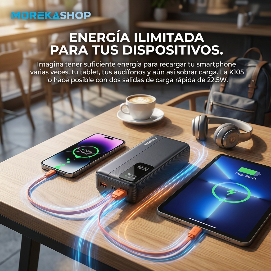 Power Bank Moreka K105 30000mAh 22.5W Cables C Lightning