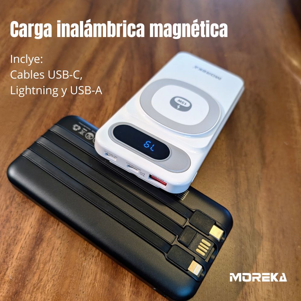 Power Bank Moreka K106 10000mAh 37Wh 15W magnética 22.5w máxima incluye cables
