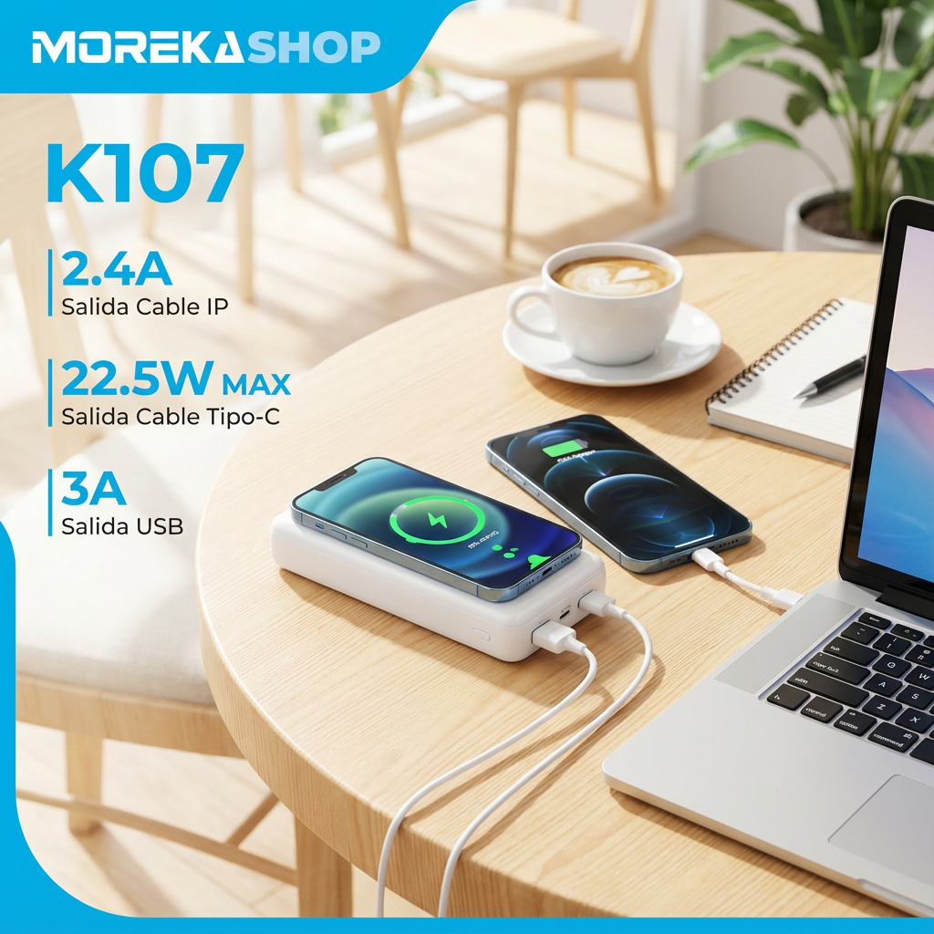 Power Bank Moreka K107 20000mAh 22.5W Magsafe  15w Cables C Lightning