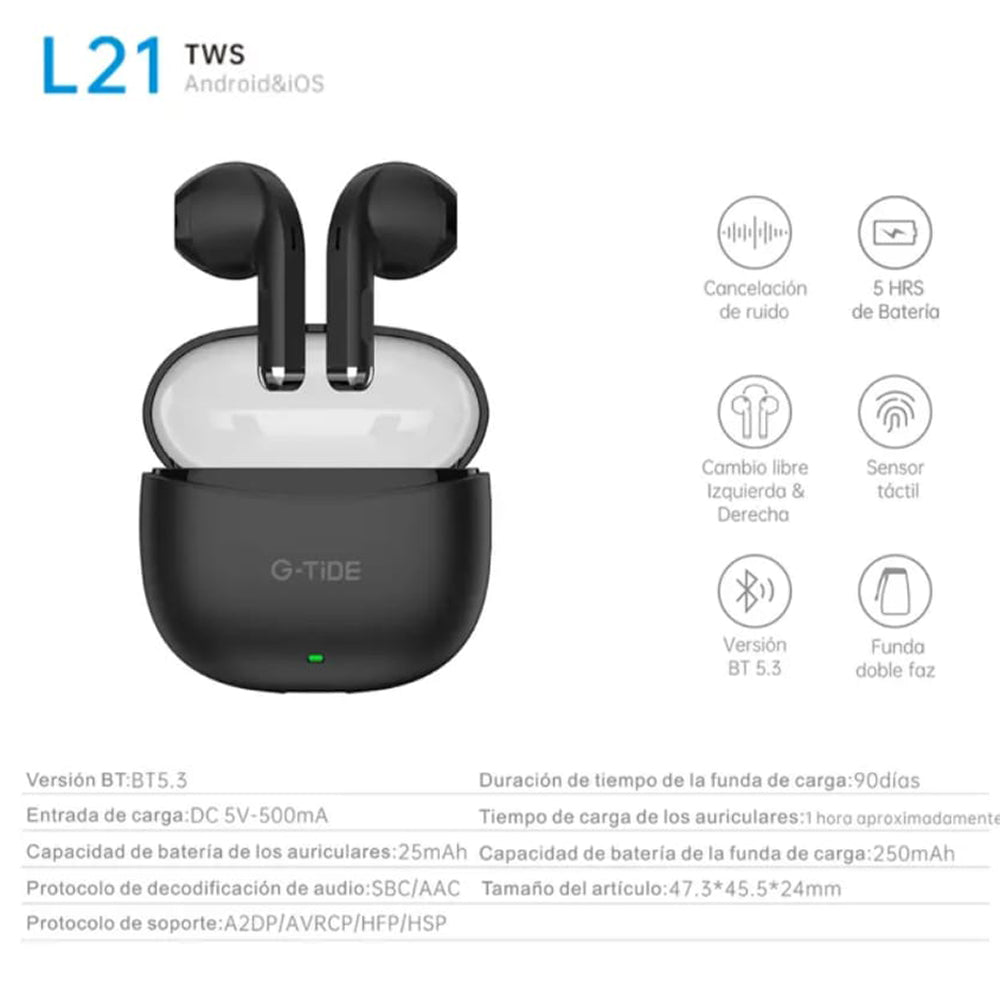 Audífonos Bluetooth Cancelación de Ruido Sport 25mAh + estuche 300mAh IPX4 G-TIDE L21