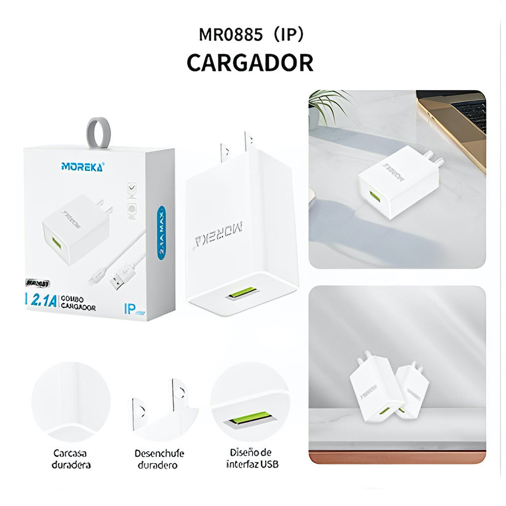Cargador 2.1A Moreka MR2885 Ligthning 2.1A Cable tipo IP 1M