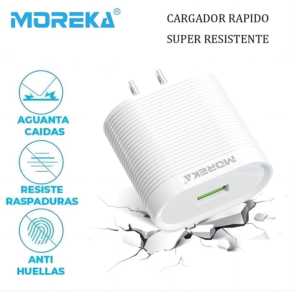 Cargador Moreka MR1245 2.4A Puerto USB incluye Cable Micro USB 1M
