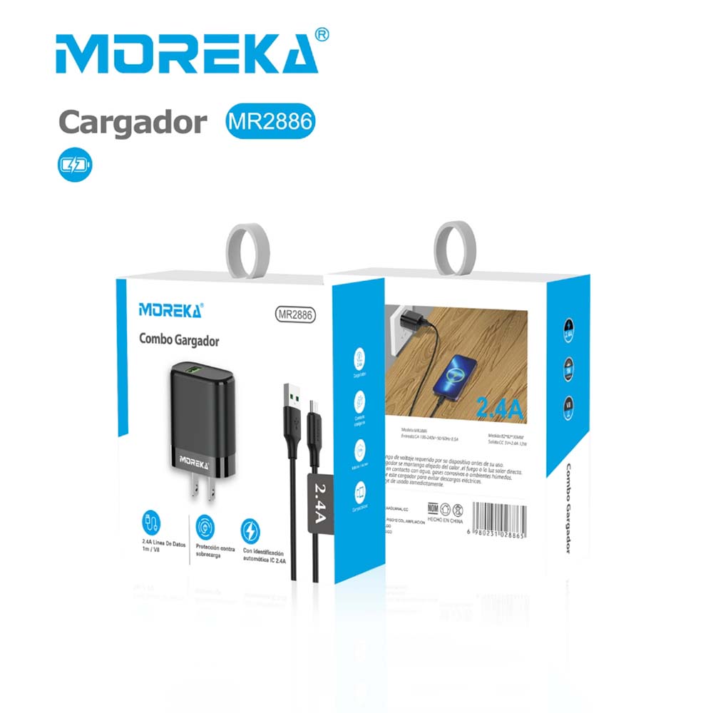 Cargador Moreka MR2886 2.4A Puerto USB incluye Cable Micro USB 1M