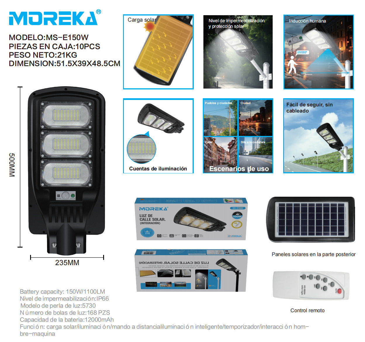 Luminaria Suburbana Alumbrado Publico Solar 150W con Sensor Movimiento MS-E150W