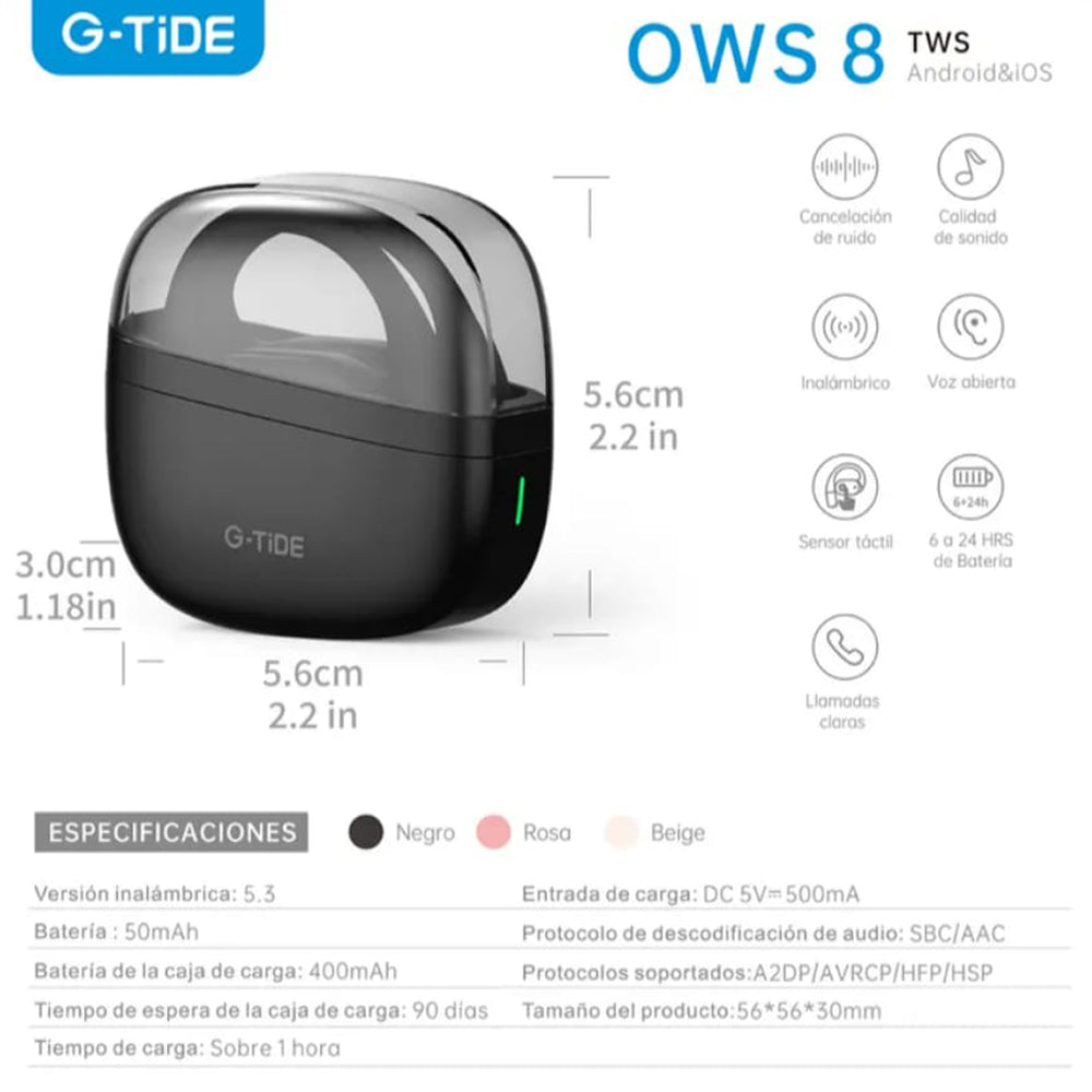 Audífonos Bluetooth Conducción de Aire Cancelación de Ruido Sport 50mAh IPX4 G-TIDE OWS 8