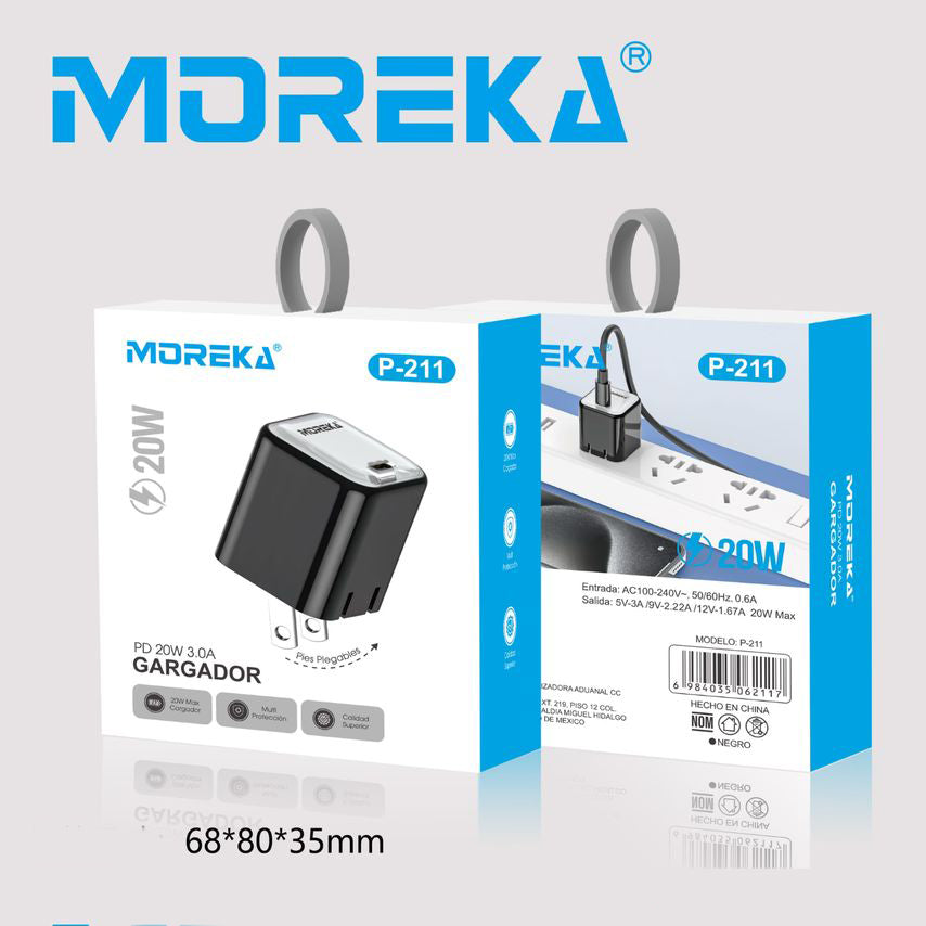 Cubo carga rápida 20W 5V- 3A puerto C Clavija plegable Moreka P-211