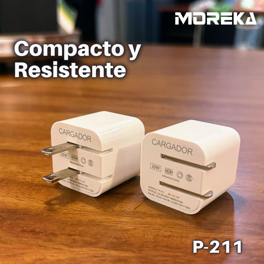 Cubo carga rápida 20W 5V- 3A puerto C Clavija plegable Moreka P-211
