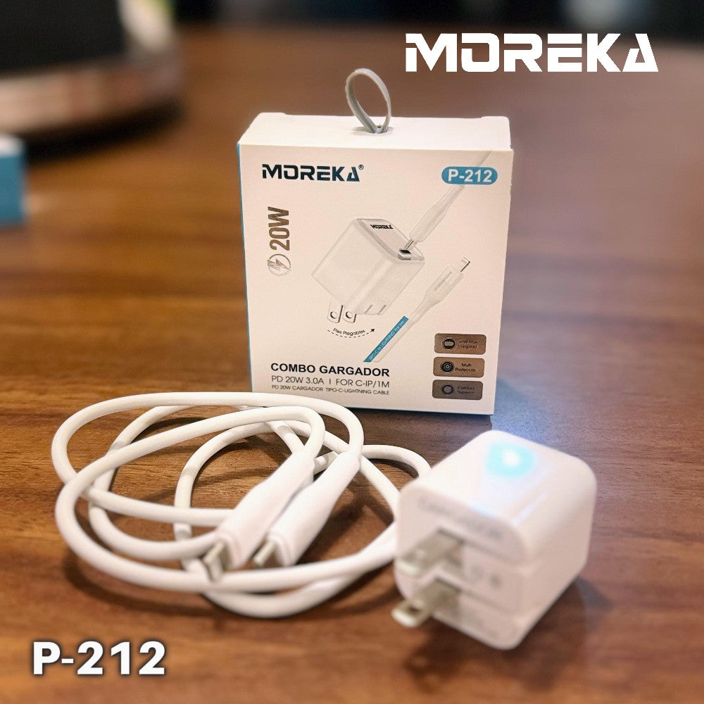 Cubo carga rápida 20W 5V- 3A puerto C Clavija plegable cable C-IP Moreka P-212