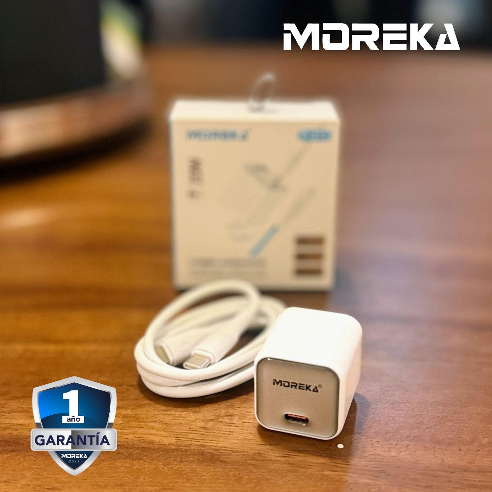 Cubo carga rápida 20W 5V- 3A puerto C Clavija plegable cable C-IP Moreka P-212