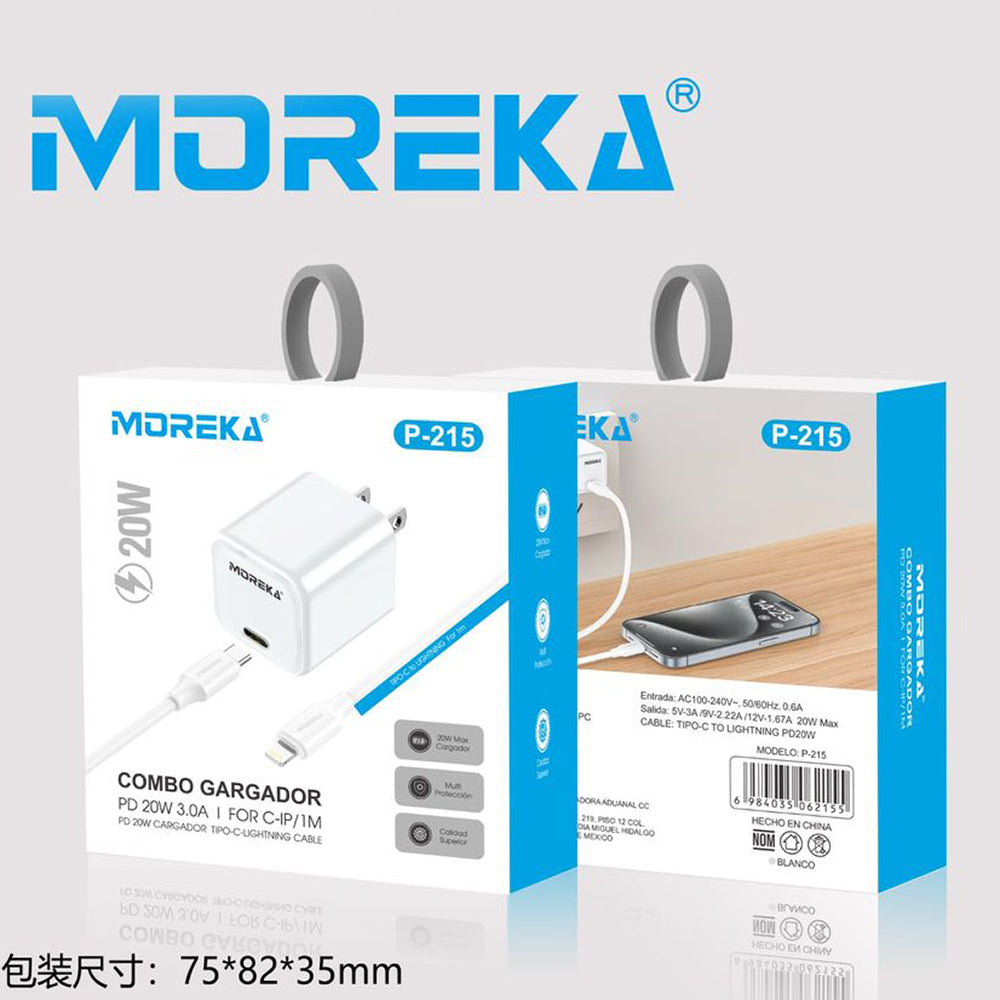 Cargador tipo C 20W 5V- 3A cable 1mt tipo Lightning carga rápida Moreka P-215