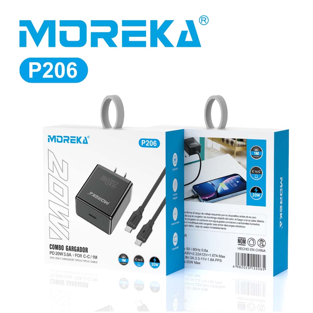Cargador 20W Moreka P206 puerto C incluye cable tipo C 1M
