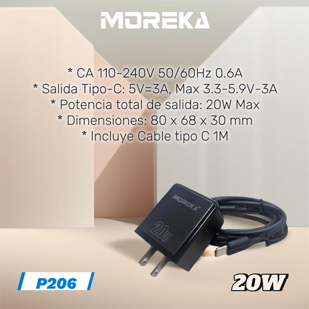 Cargador 20W Moreka P206 puerto C incluye cable tipo C 1M