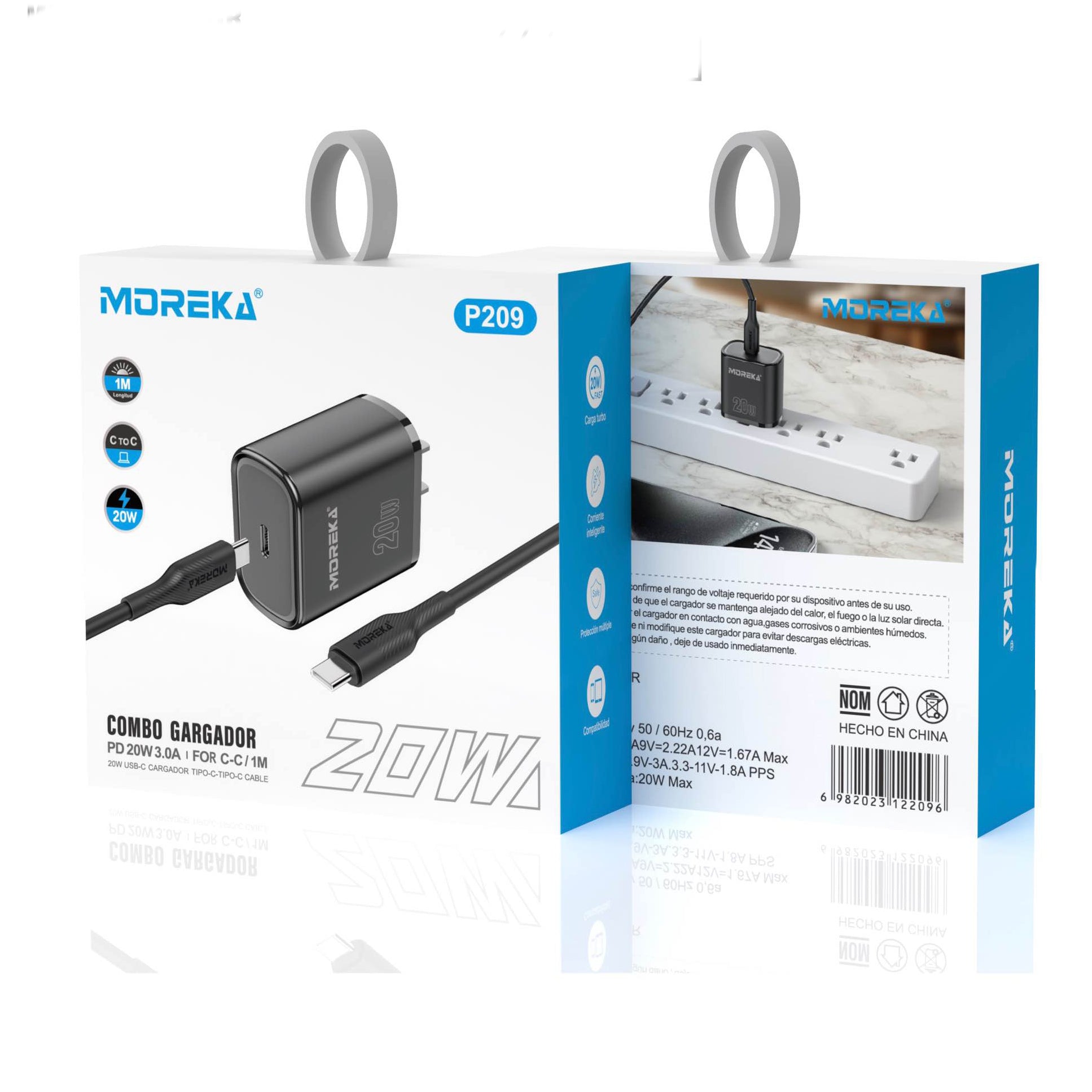 Cargador 20W Moreka P209 puerto C y cable tipo C - C