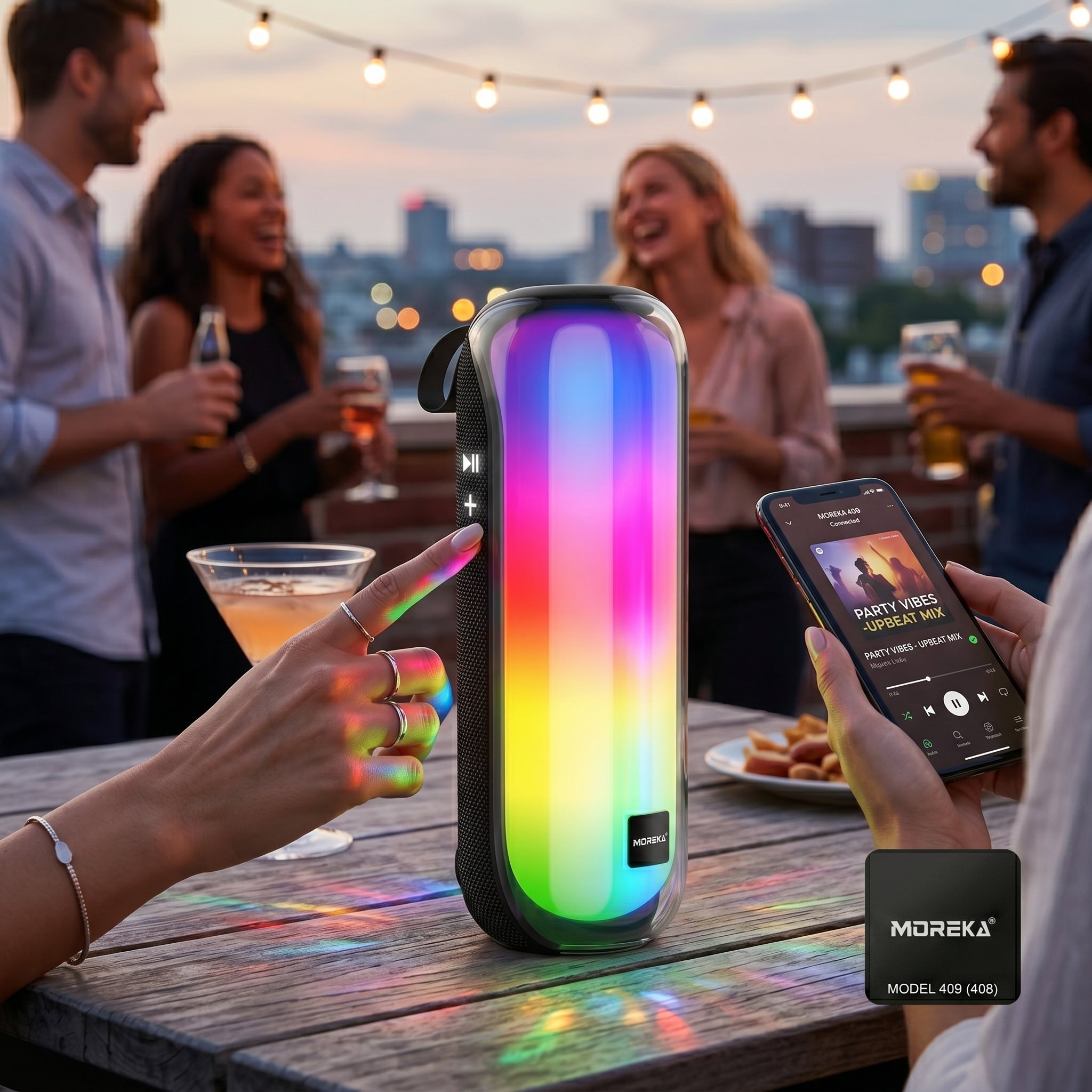 Bocina Moreka 408 14W (2 x 7W) 3000mAh Batería Bluetooth V5.3 IPX5 Resistente al Agua Luz RGB Micrófono Incorporado Radio FM