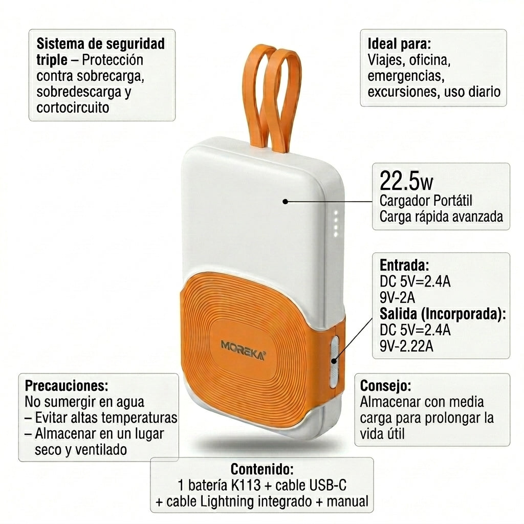 Batería Portátil Moreka K113 PD22.5W 10000mAh: Carga ultrarrápida para tu día a día