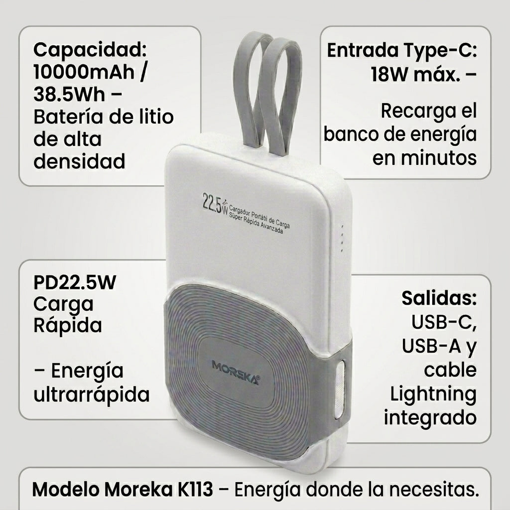 Batería Portátil Moreka K113 PD22.5W 10000mAh: Carga ultrarrápida para tu día a día