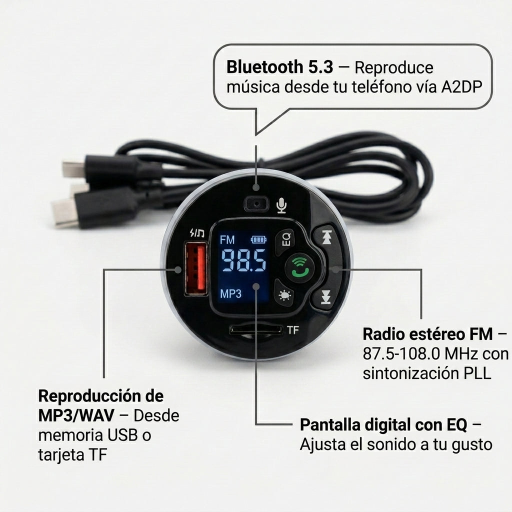 Reproductor MP3 Multifunción para Coche CP0092: Música, llamadas y carga rápida en un solo dispositivo