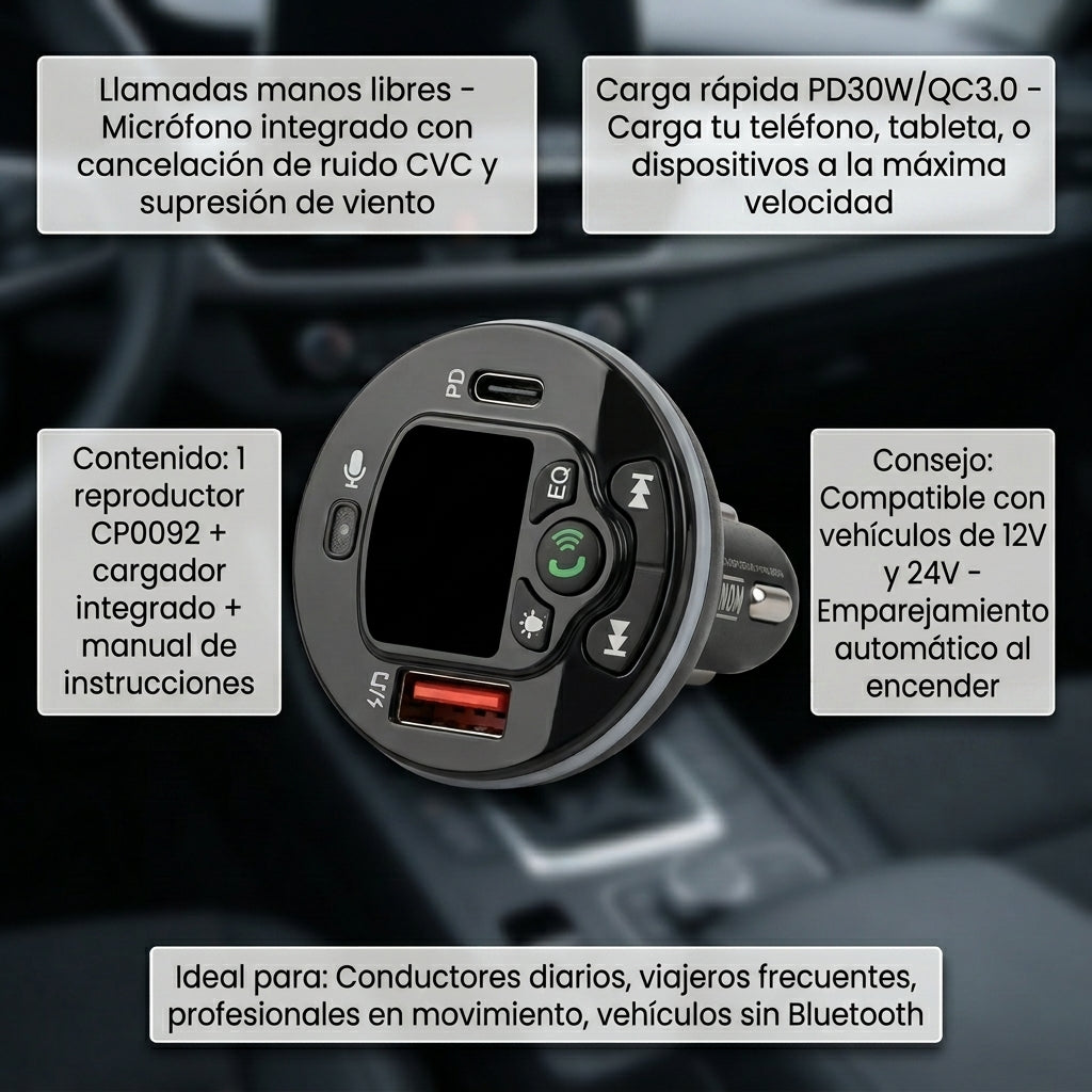 Reproductor MP3 Multifunción para Coche CP0092: Música, llamadas y carga rápida en un solo dispositivo
