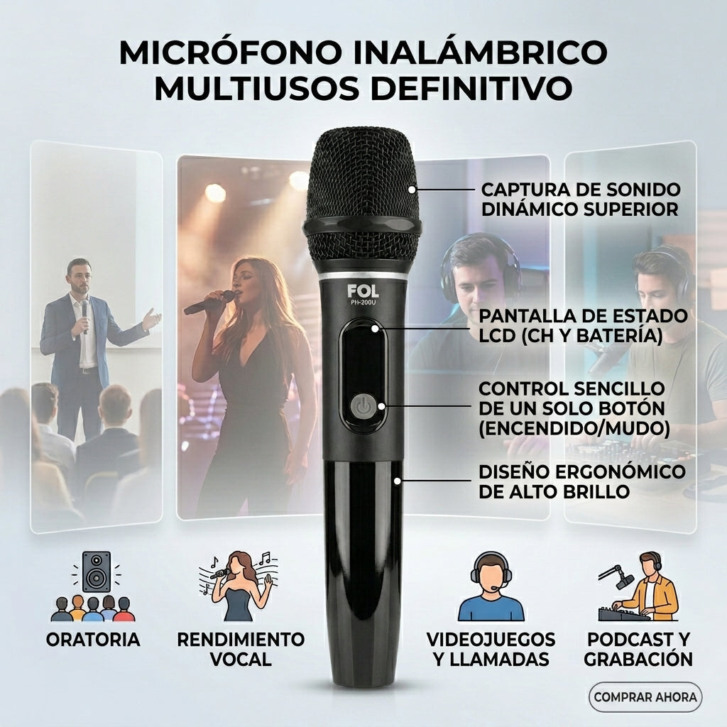 Micrófono Inalámbrico con Transmisor 28W conector 6.3mm 1200mAh FOL FH-293U