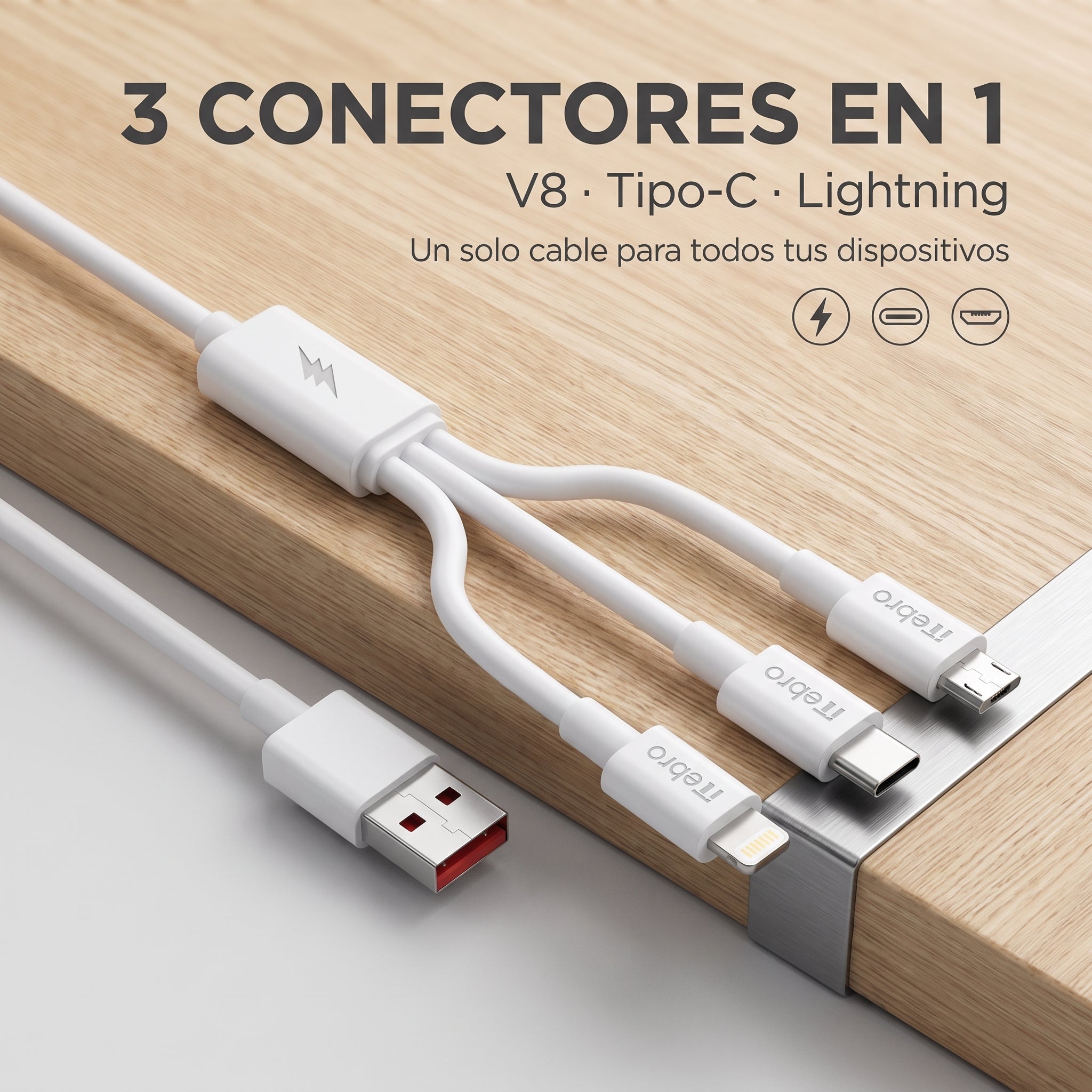 Cable 3 en 1 Nebro WD-013 V8, Lightning y Tipo C