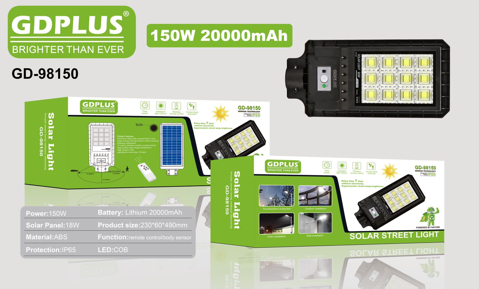 Luminaria Suburbana Alumbrado Publico Solar 150W con Sensor Movimiento GD-98150