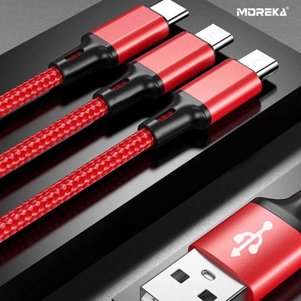 Cable 3 en 1 Moreka CB-25, 3.1 A y Datos, 1.2 M, Lightning, Tipo C, V8 - Morekashop