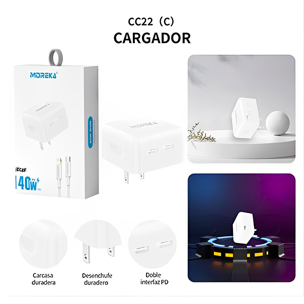 Turbo Cargador 40W Moreka CC22 doble puerto C Cable C 1M