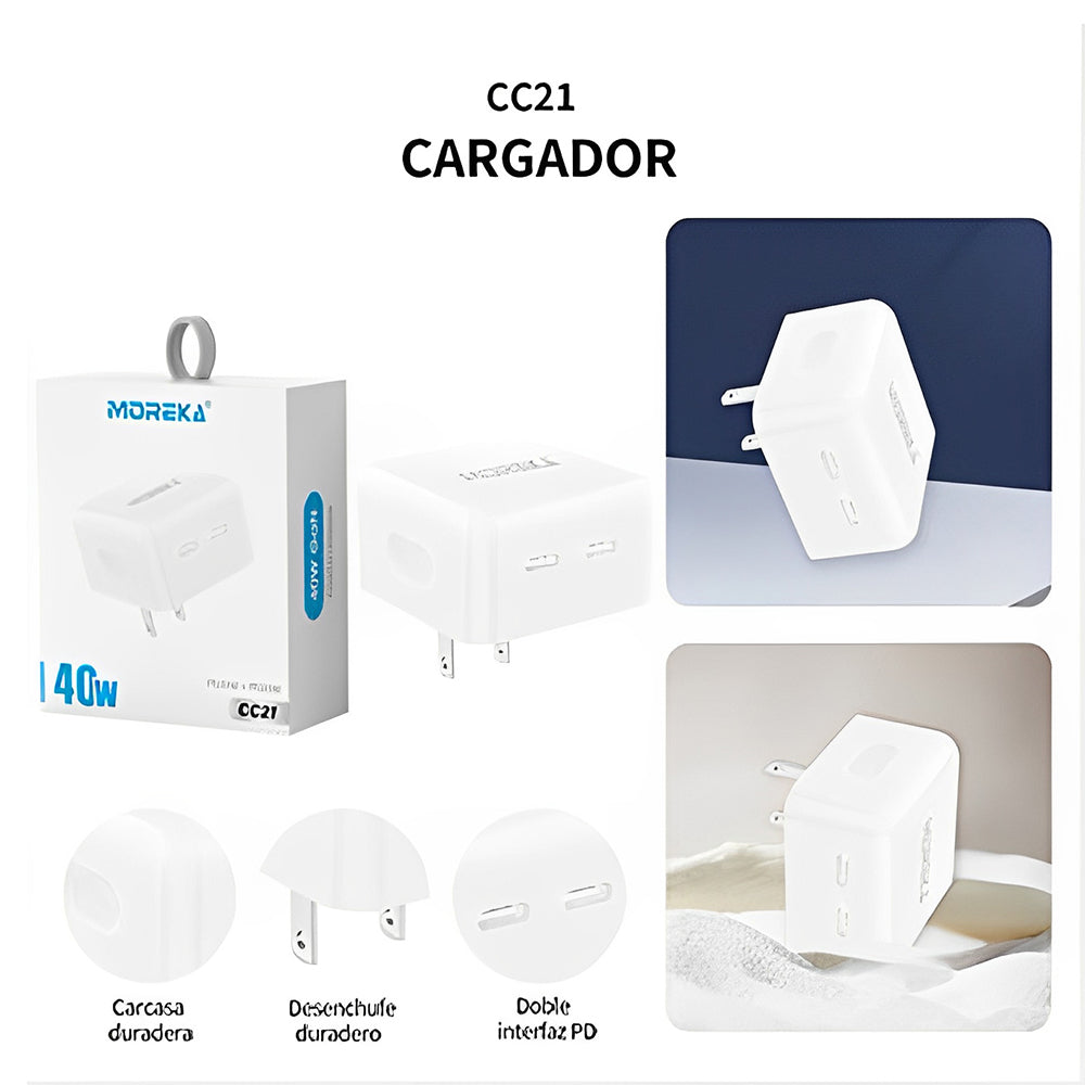 Cargador 40W Moreka CC21 Carga Rapída Doble USB