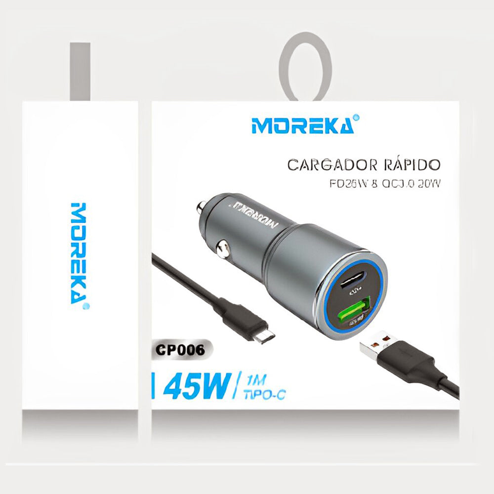 Turbo Cargador De Carro 45W 2 PD25W, QC3.0 20W Cable Plug In Moreka CP0068