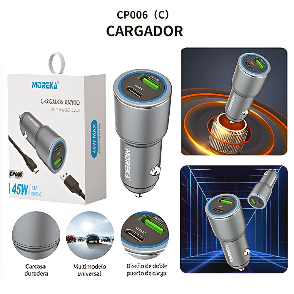 Turbo Cargador De Carro 45W 2 PD25W, QC3.0 20W Cable Plug In Moreka CP0068