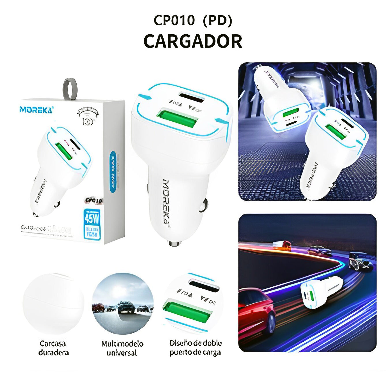 Cargador De Carro Moreka CP010 PlugIn 45W puertos USB y C