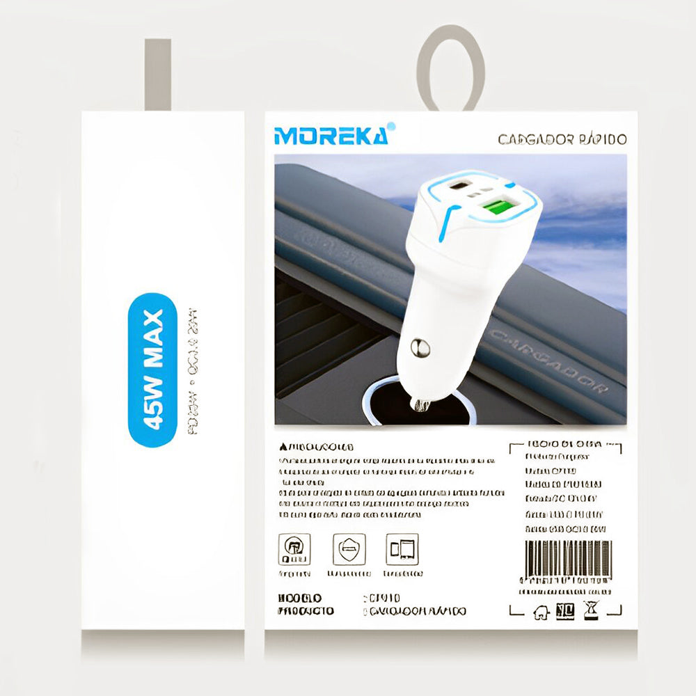Cargador De Carro Moreka CP010 PlugIn 45W puertos USB y C