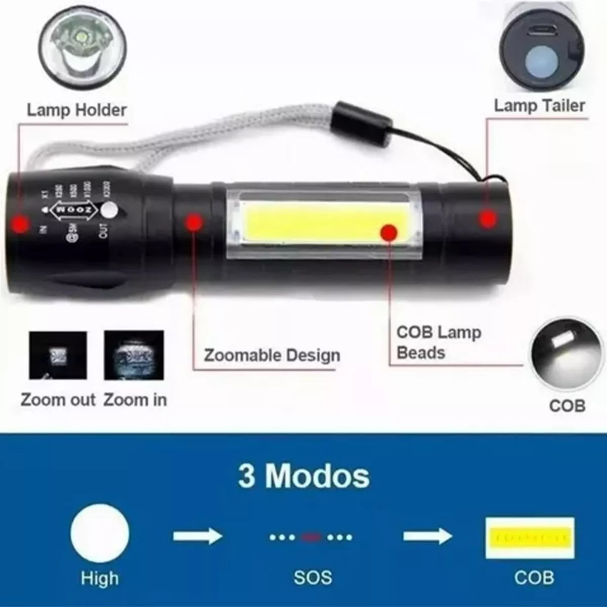 Linterna Moreka SQ-F101, Larga Duración, Metálica, Recargable