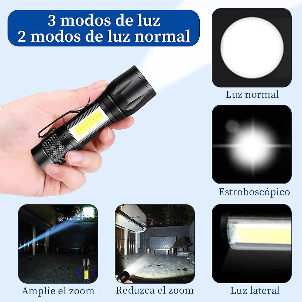 Lampara Táctica Recargable Usb Led 2000l Luz Lateral + Clip Moreka MB-513