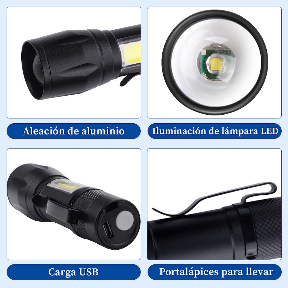 Lampara Táctica Recargable Usb Led 2000l Luz Lateral + Clip Moreka MB-513