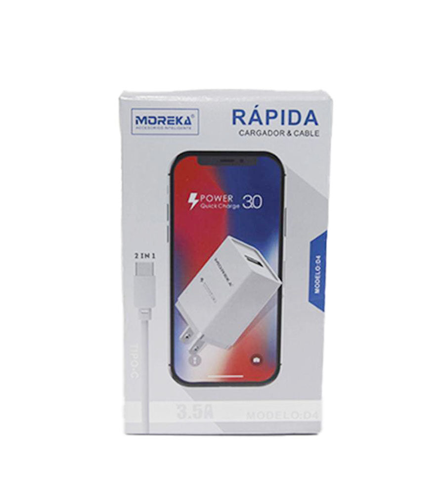 Cargador Moreka D-4,  3.5 A, 1 Usb, 2 piezas, Cable Tipo C - Morekashop