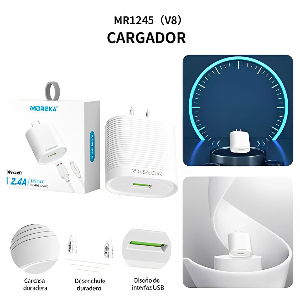 Cargador Moreka MR1245 2.4A Puerto USB incluye Cable Micro USB 1M