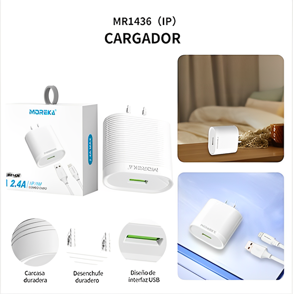 Cargador Moreka MR1436 Ligthning 2.4A Incluye Cable IP 1M