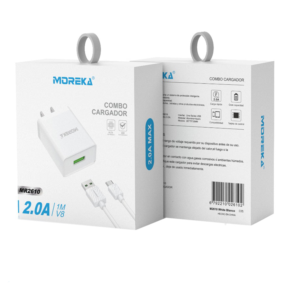 Cargador Moreka MR2610 2.0A Puerto Usb incluye Cable Micro USB V8 1M
