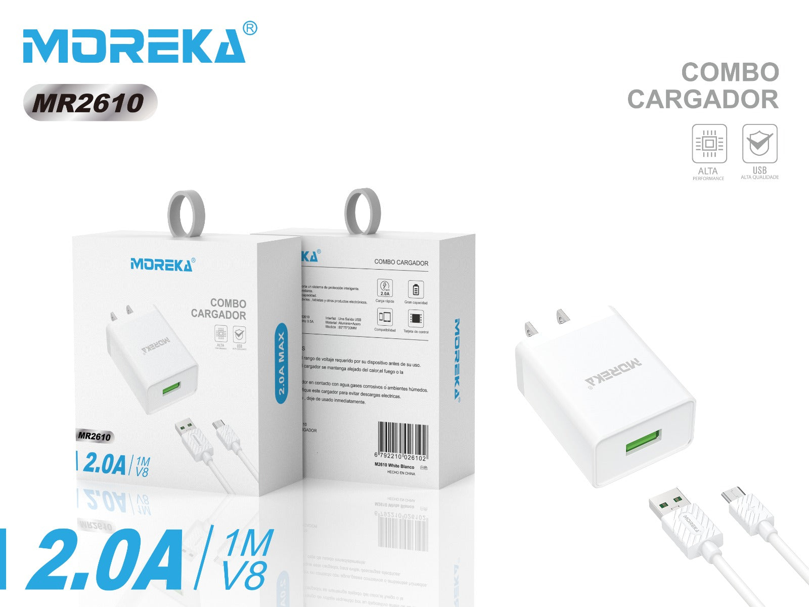 Cargador Moreka MR2610 2.0A Puerto Usb incluye Cable Micro USB V8 1M