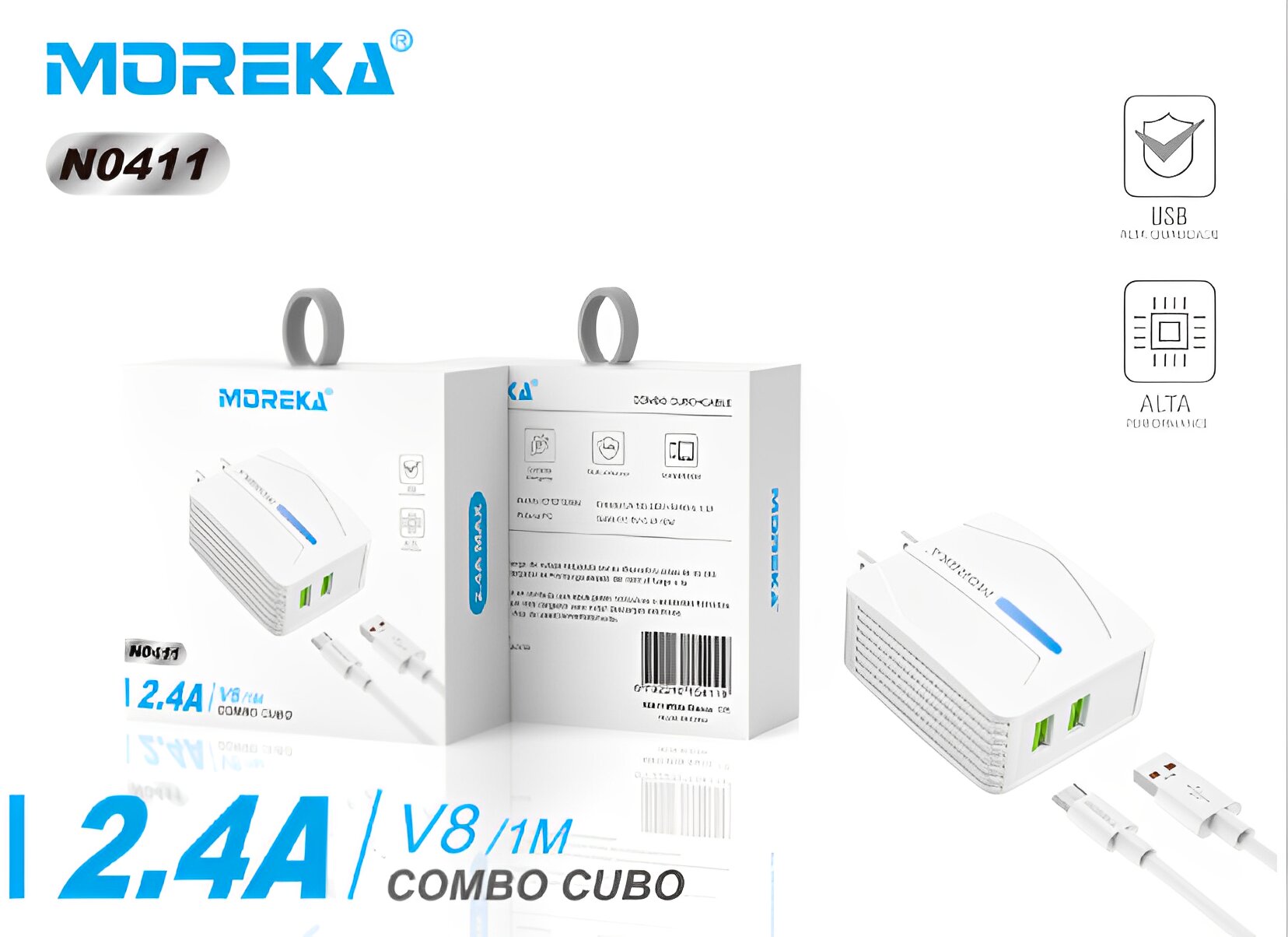 Cargador Moreka N0411 2.4A 2 USB incluye Cable V8 1M