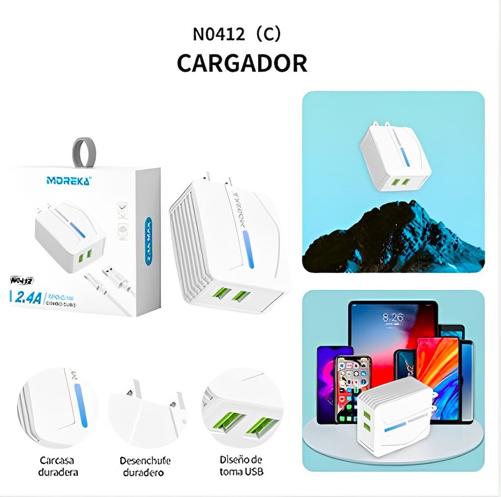 Cargador Moreka N0412 2.4A 2 USB Incluye Cable tipo C 1M