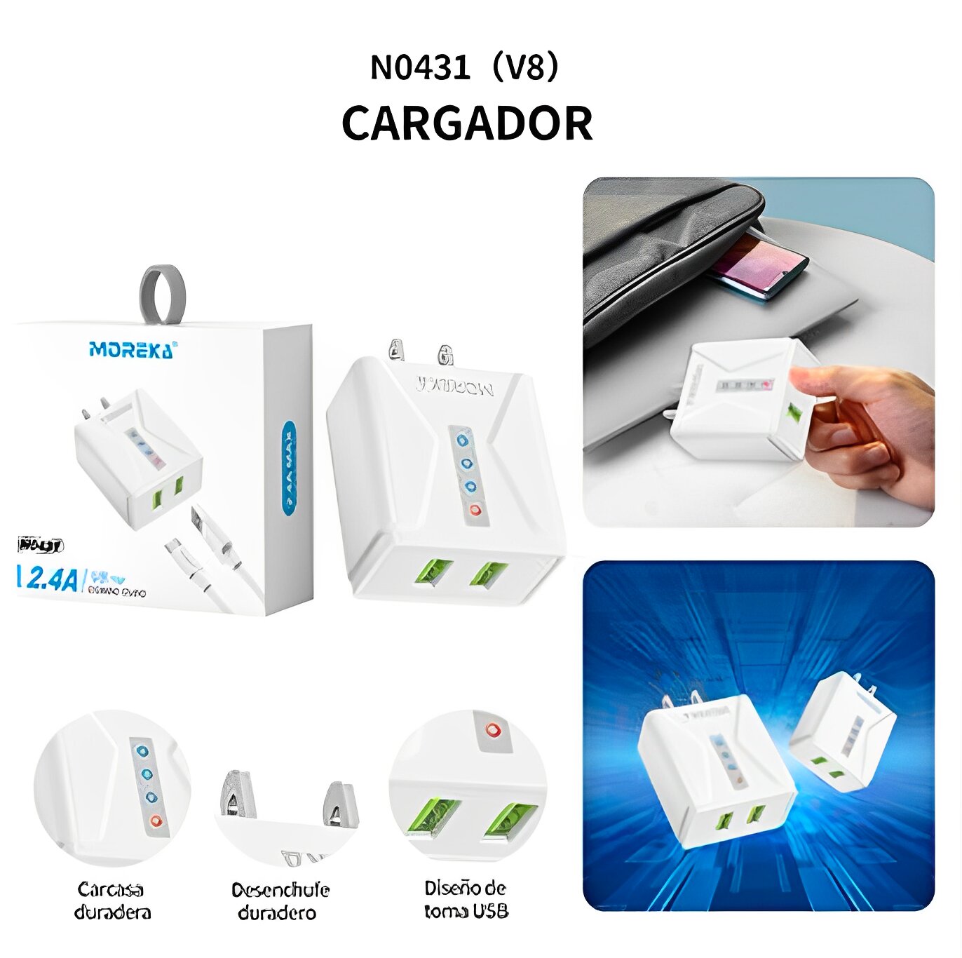 Cargador Moreka N0431 2.4A 2 USB incluye Cable Micro USB 1M