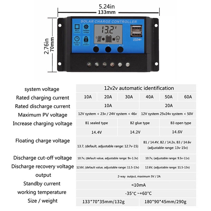 Controlador de panel Solar LCD, regulador de cargador de batería, 10A