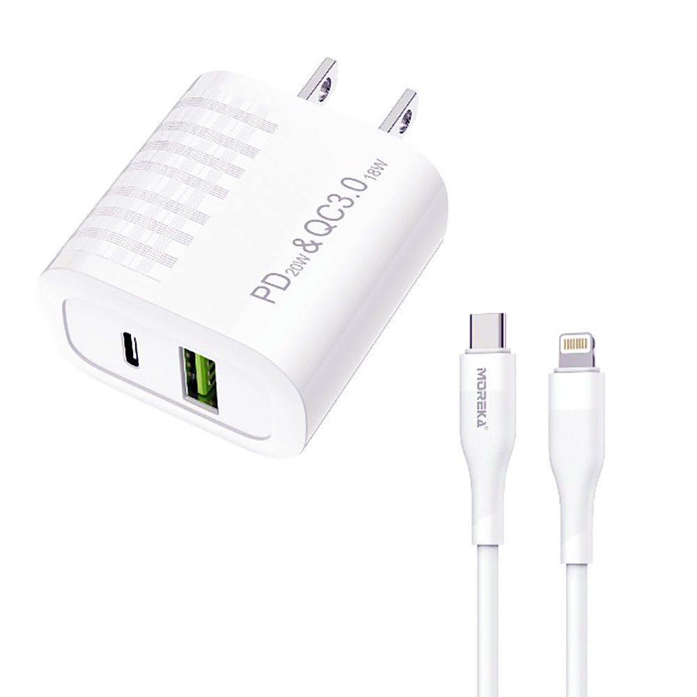 Turbo Cargador Moreka AC107 40W 2 salidas USB y C Cable IP 1M