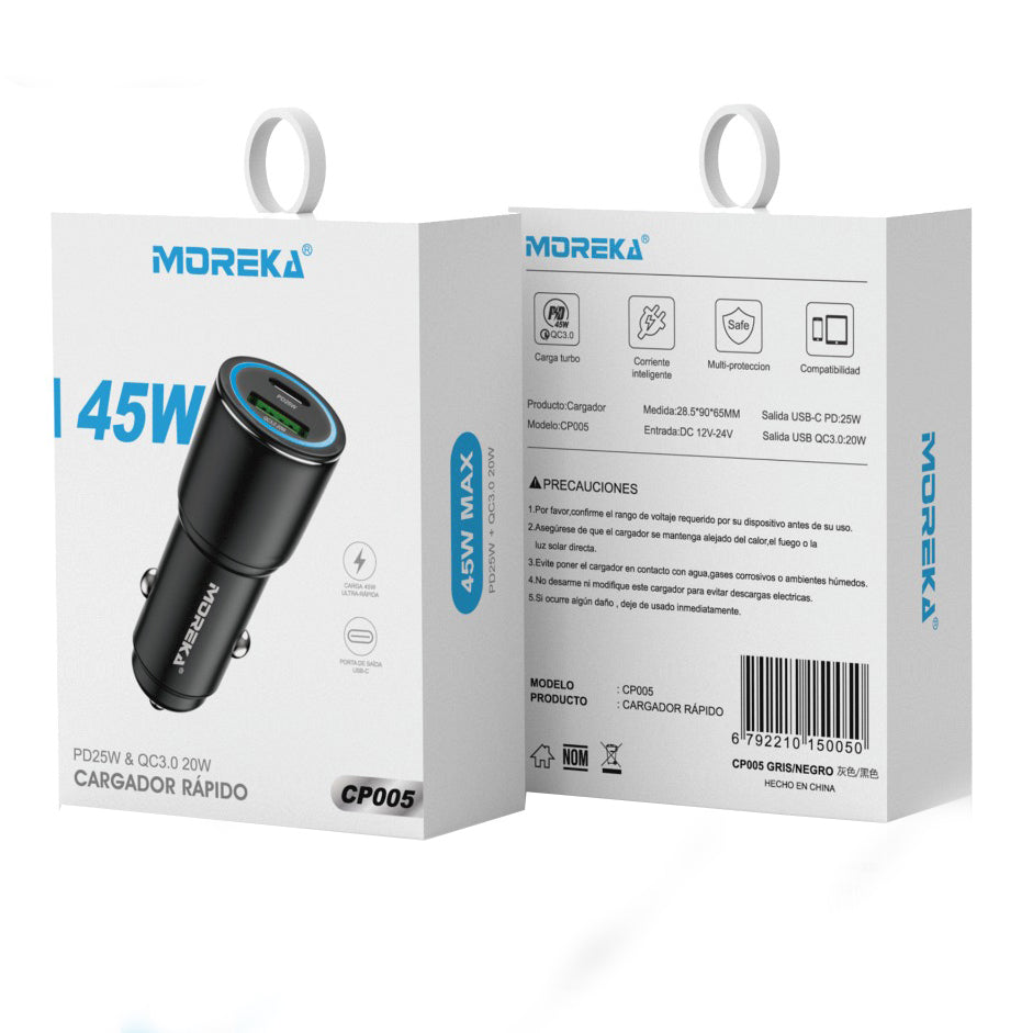Cargador De Carro Moreka CP005 Plug In 45W USB y Tipo C