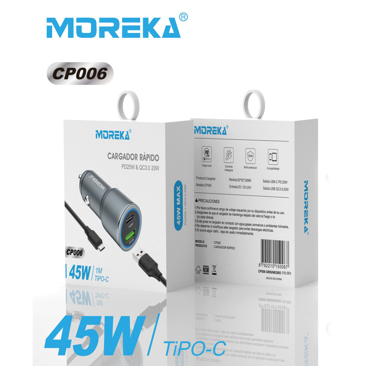Turbo Cargador De Carro 45W 2 PD25W, QC3.0 20W Cable Plug In Moreka CP0068