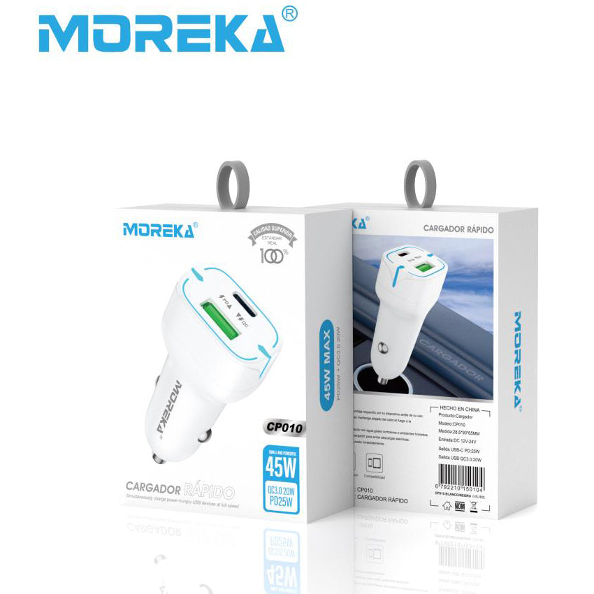 Cargador De Carro Moreka CP010 PlugIn 45W puertos USB y C
