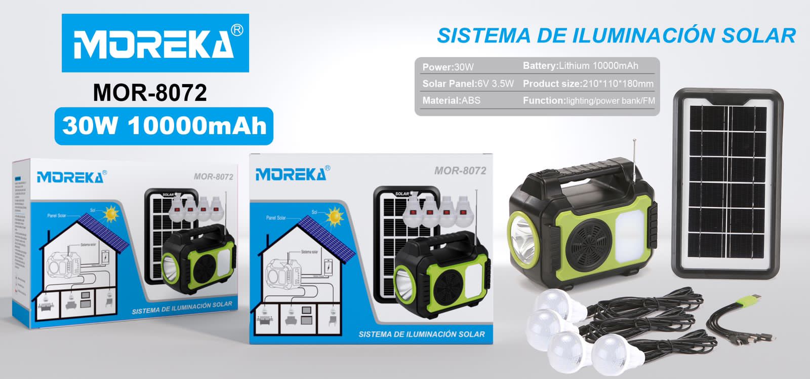 Mini Sistema Solar Radio FM 4 Focos Linterna Power Bank MOR-8072
