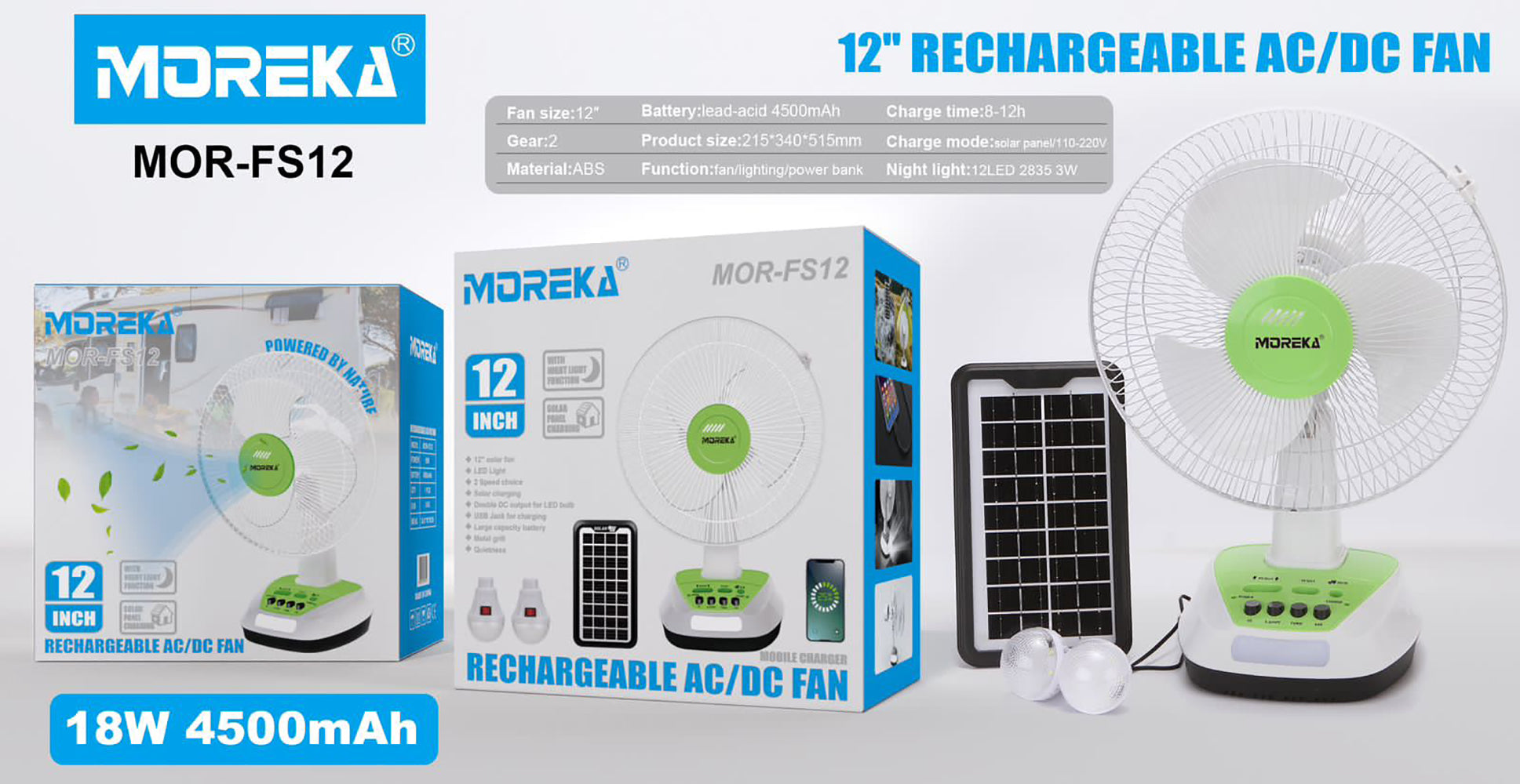 Ventilador 2 Velocidades Led y Panel Solar. MOR-FS12